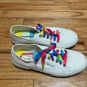 Superga Size 10 Women’s White Canvas shoes w/Rainbow Laces